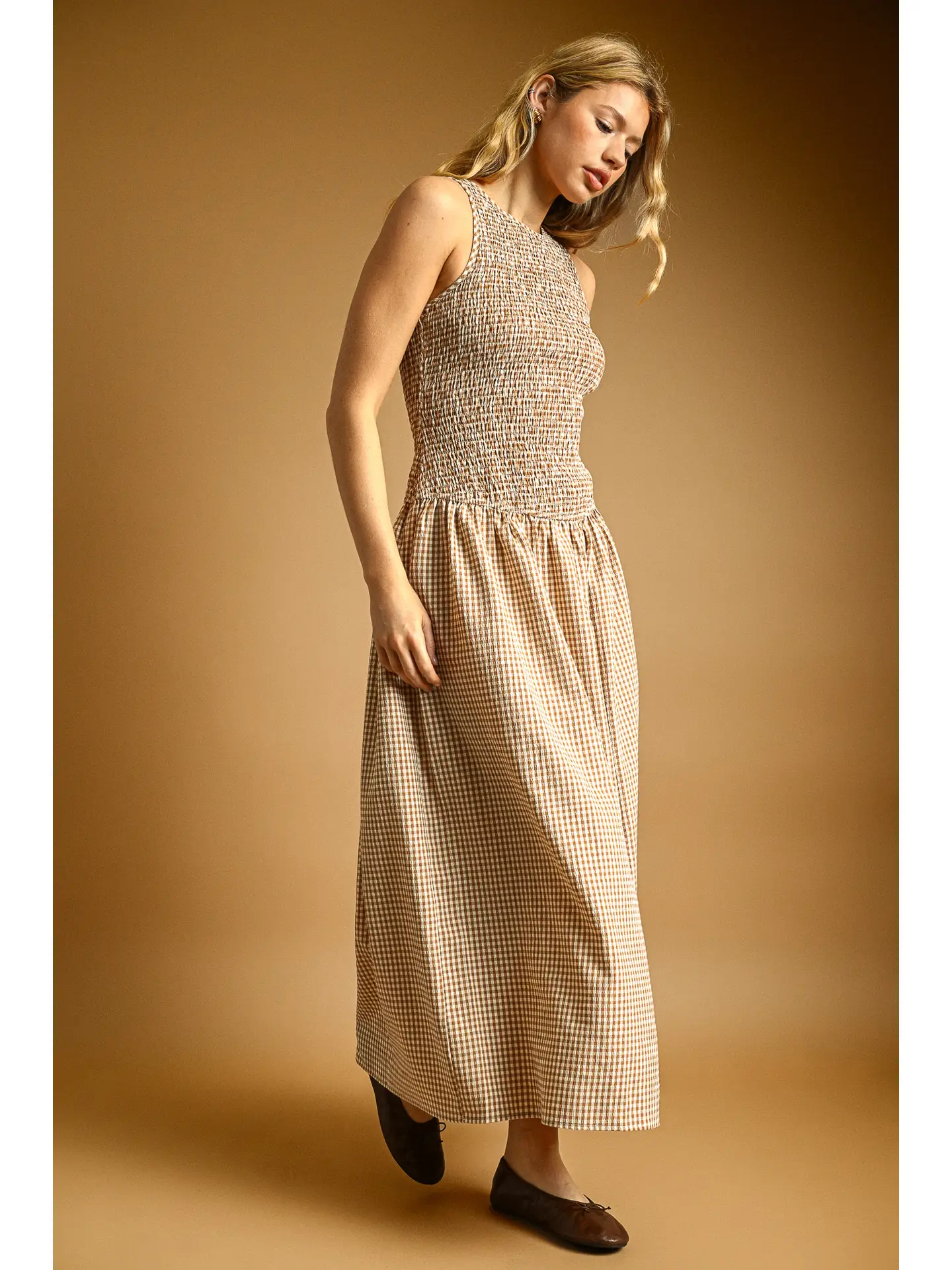Mini Gingham Pattern Sleeveless Long Dress - MOCHA