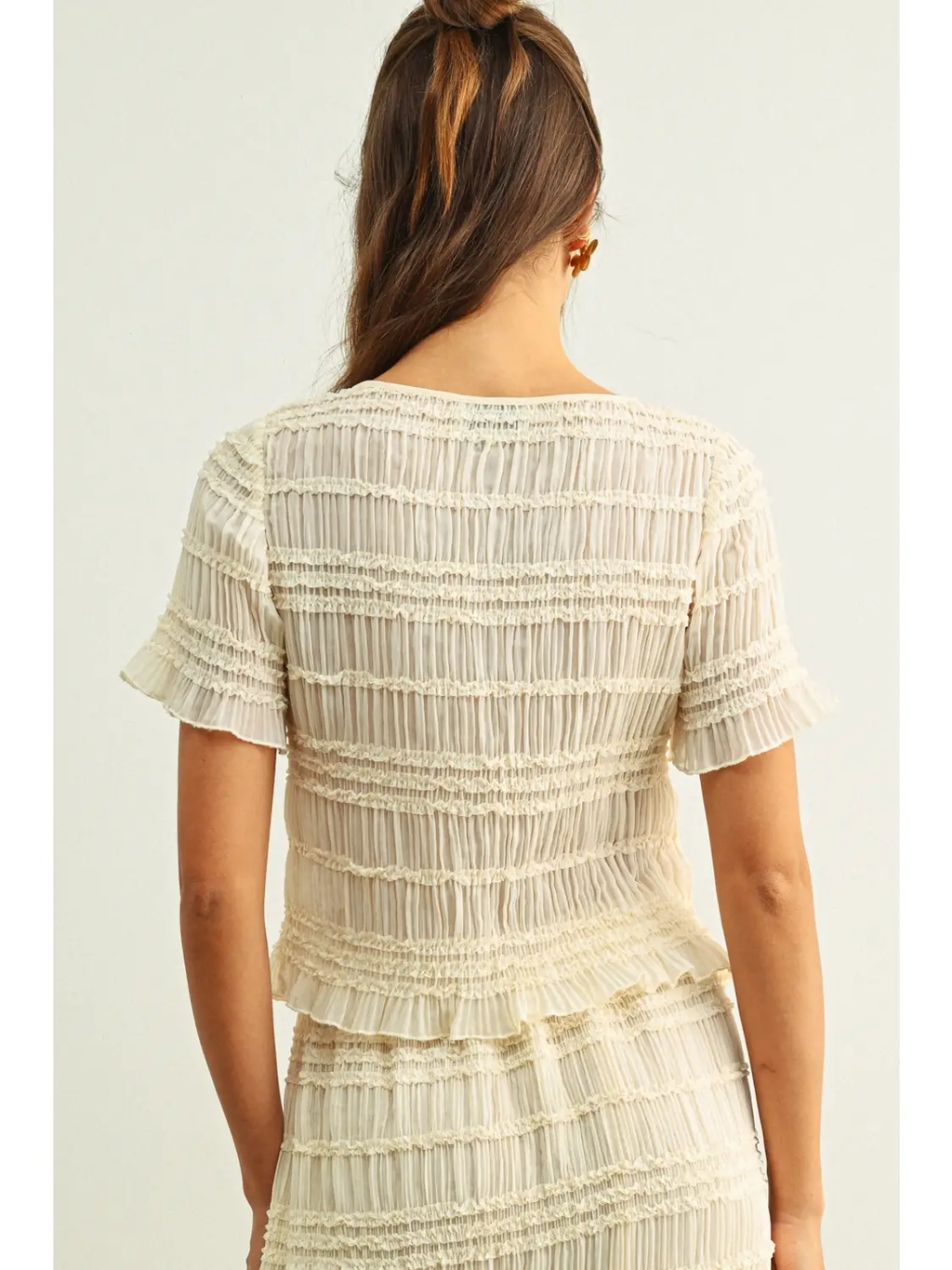 Chiffon Short Sleeve Button Front Top - BEIGE