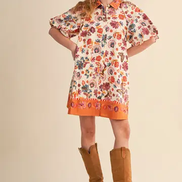 Collared Button Down Floral Mini Dress - IVORY MULTI