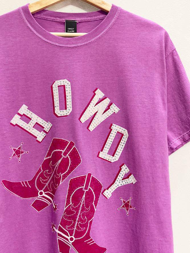 HOWDY RHINESTONE WASHED GRAPHIC T-SHIRT - PURPLE (OVERSIZED)