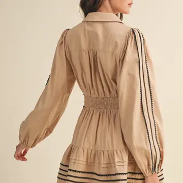 Contrast Lace Trim Belted Mini Dress - TAN BLACK