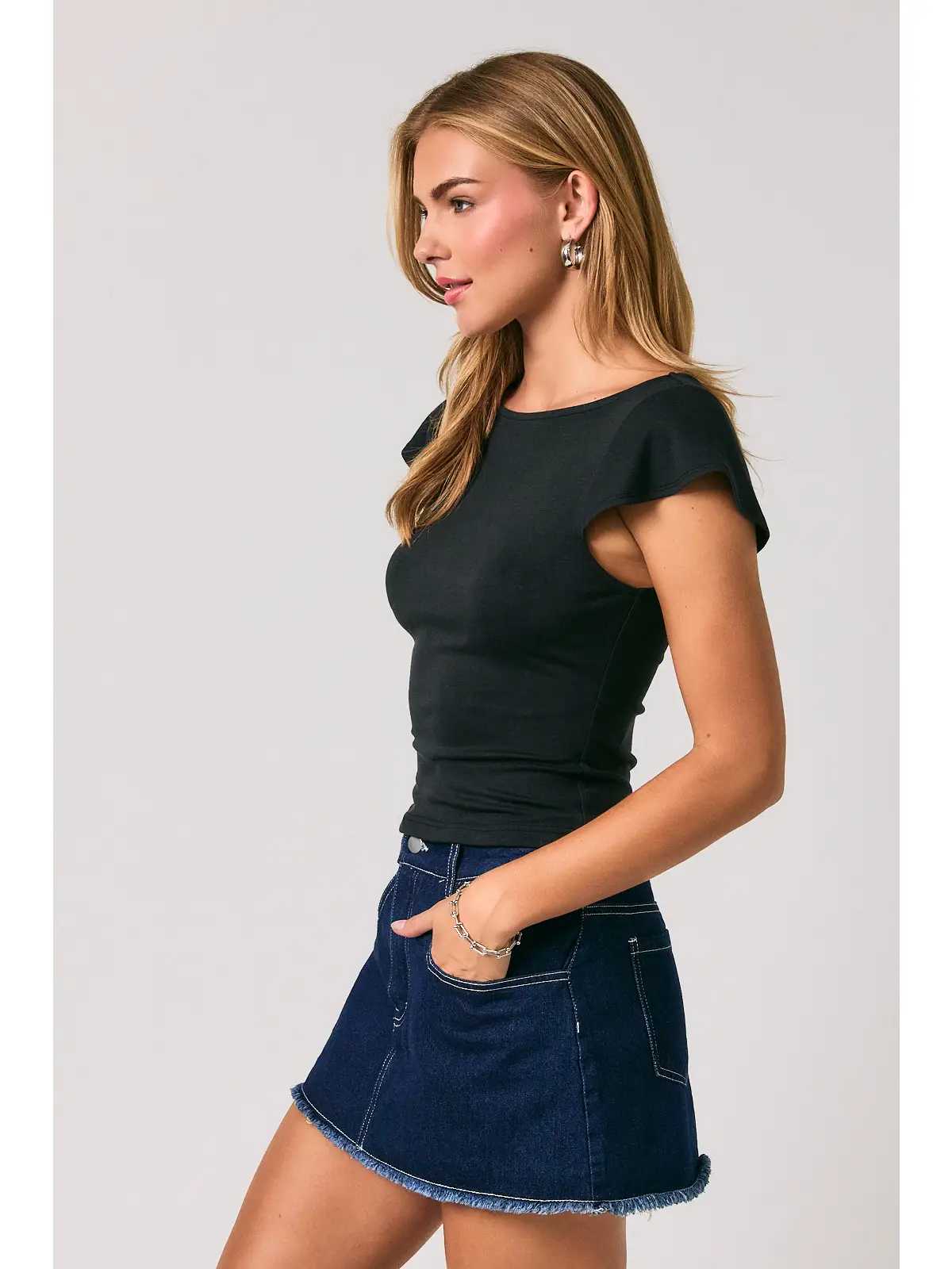 Boat Neck Flare Short Sleeve Top - BLACK