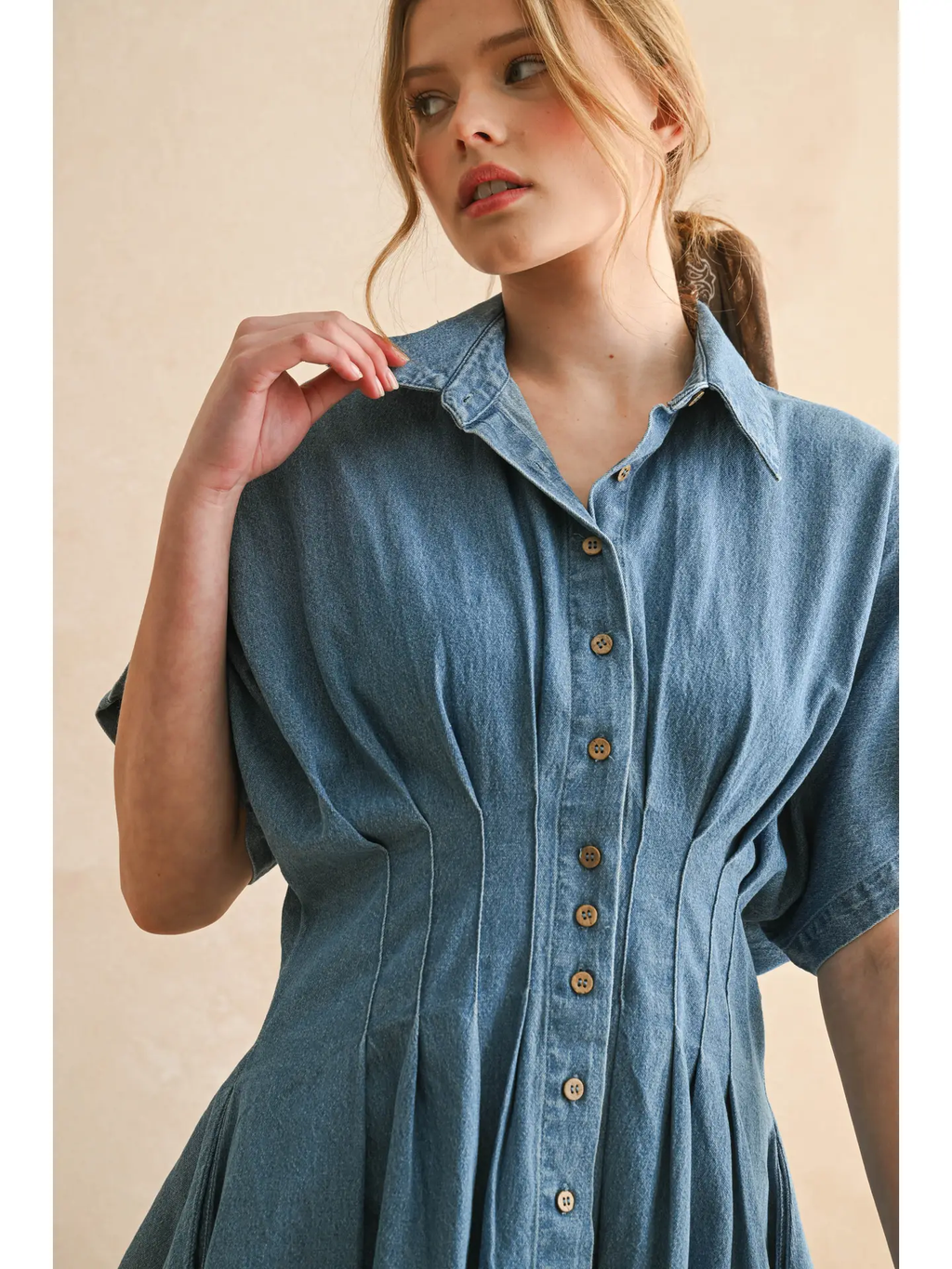 Chambray Denim Button Front w/ Pleat Detail Dress - Denim