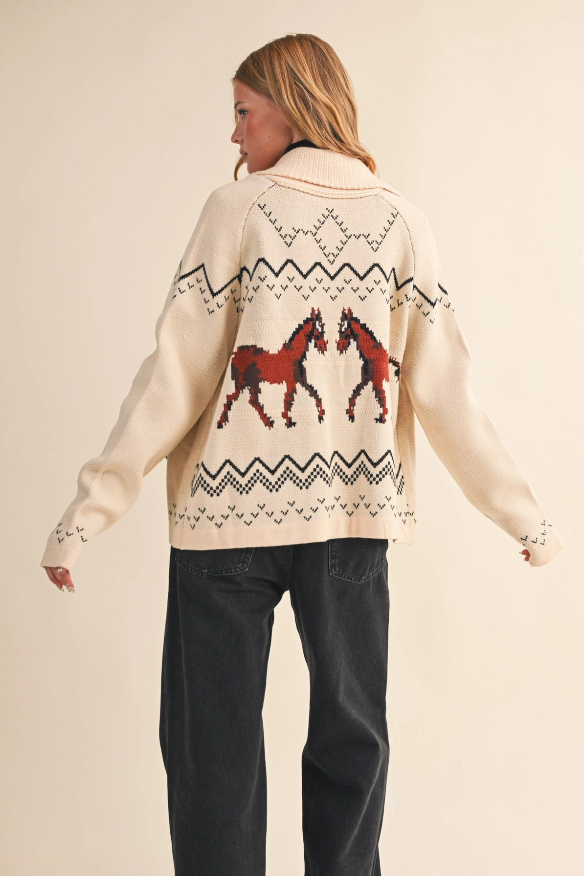 Horse Knit Sweater Cardigan - Beige Taupe