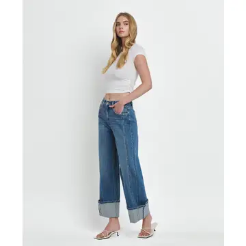 Super High Rise Cuffed Baggy Wide Jeans - JOYSOME