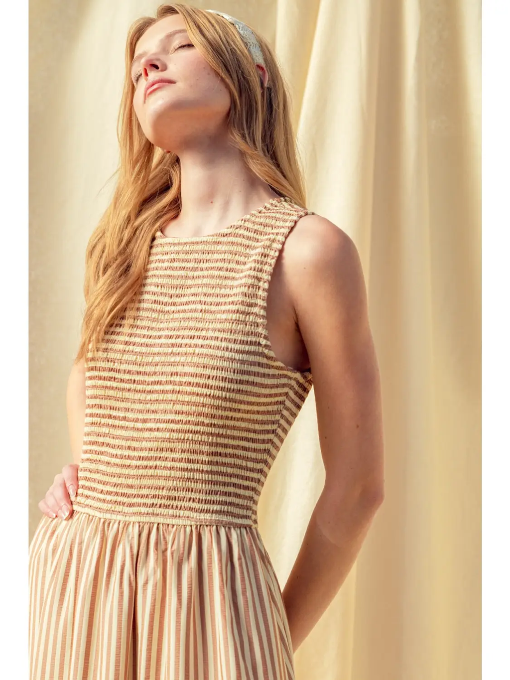 Striped Fabric Smocking Top Long Dress