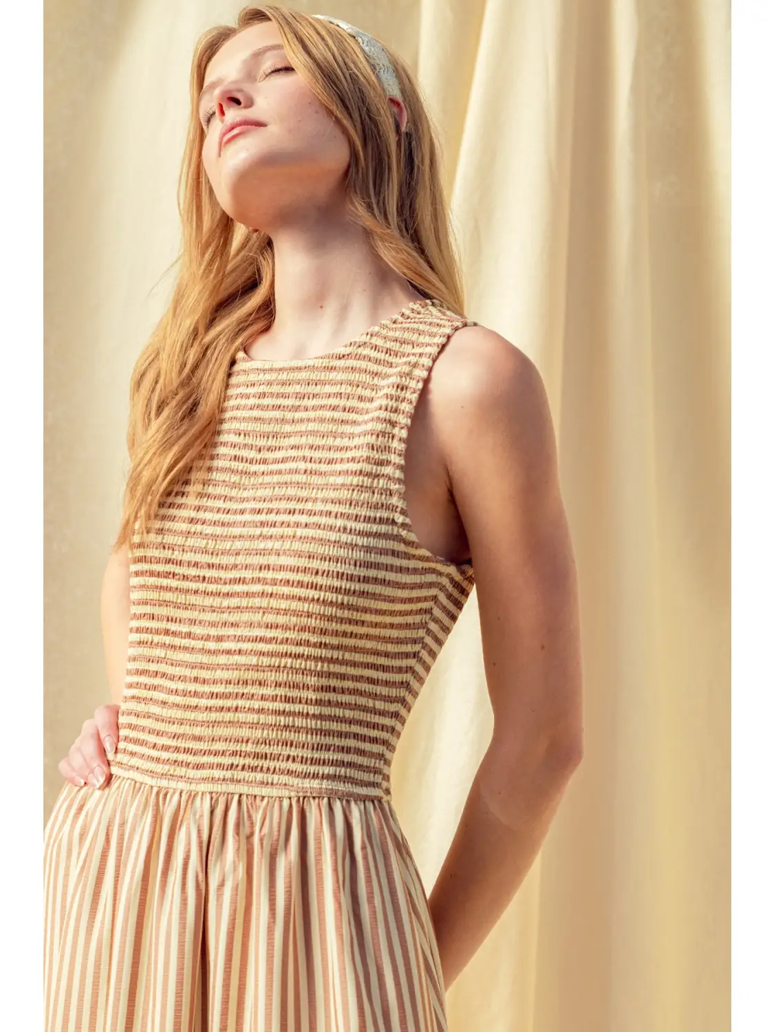 Striped Fabric Smocking Top Long Dress