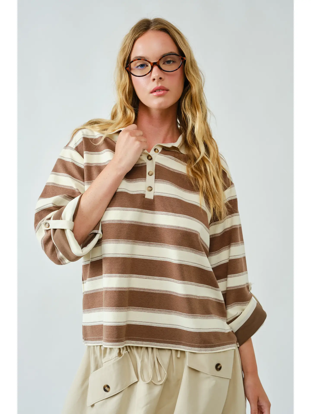 Stripe Polo T Shirt W/Sleeve Adjustable Tab - brown