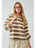 Stripe Polo T Shirt W/Sleeve Adjustable Tab - brown