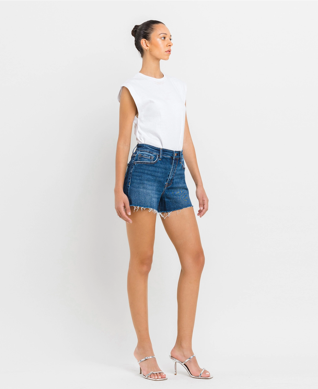 High Rise Distressed Hem A-Line Shorts | Swerve