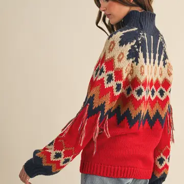 Mock Neck Fair Isle Fringe Sleeve Sweater