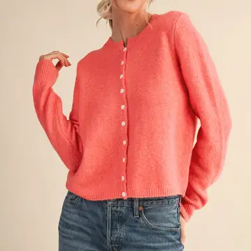 Marled Knit Sweater Cardigan - CORAL RED