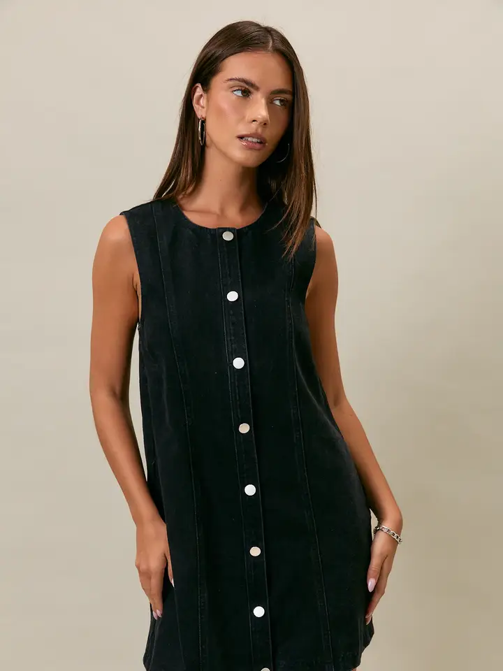 Sleeveless Round Neck Button Down Denim Mini Dress
