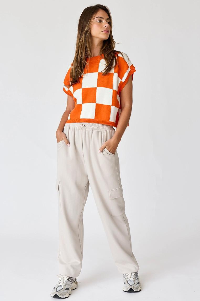 Hannah Loose Fit Checker Knit Top - Orange