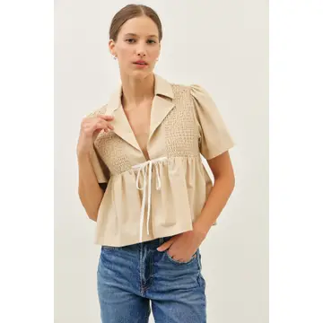 Smocked Linen Babydoll Open-Front Blouse with Ribbon - Natural