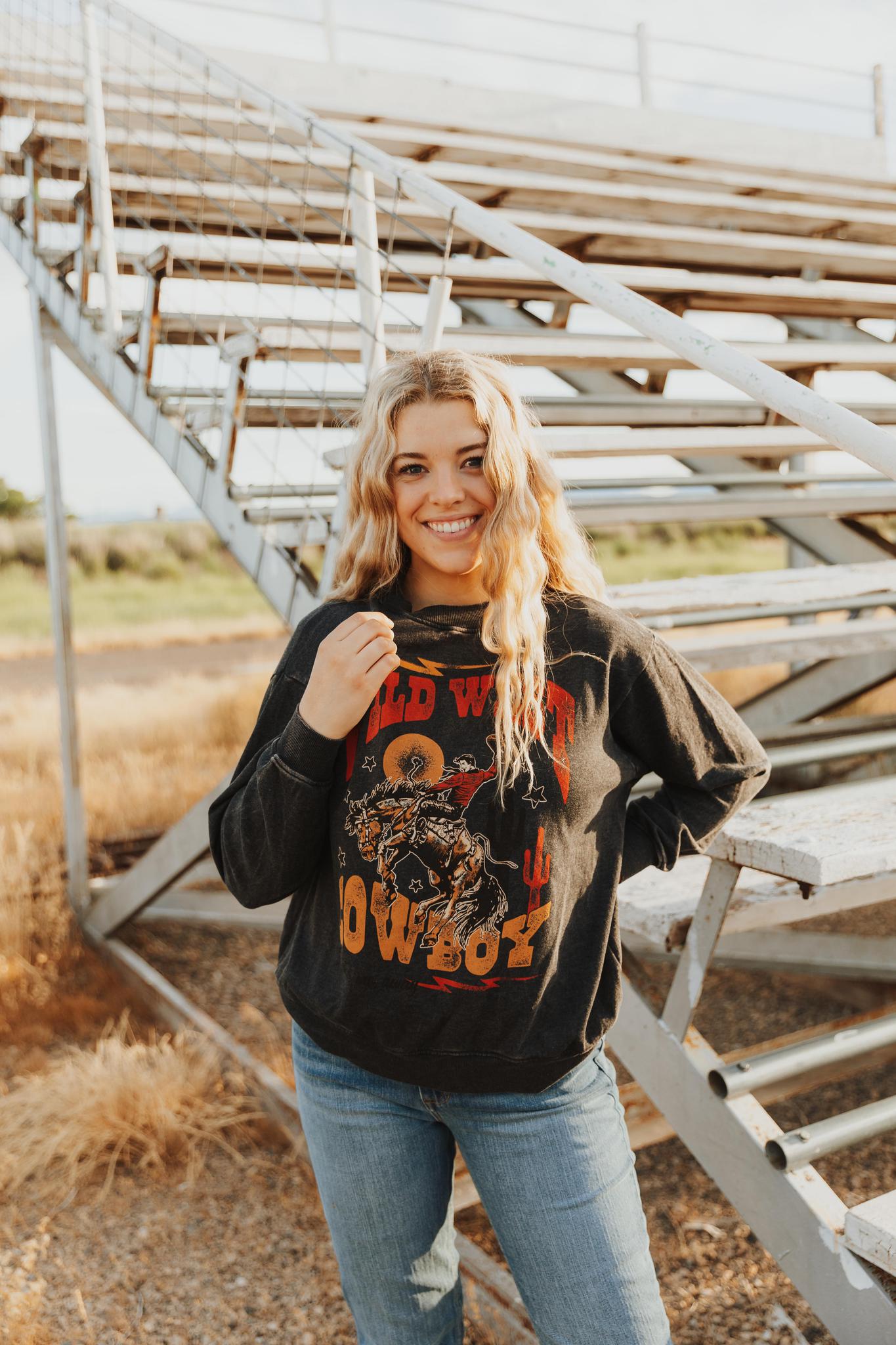 WILD WEST COWBOY LONG SLEEVE SWEATSHIRT - MINERAL BLACK
