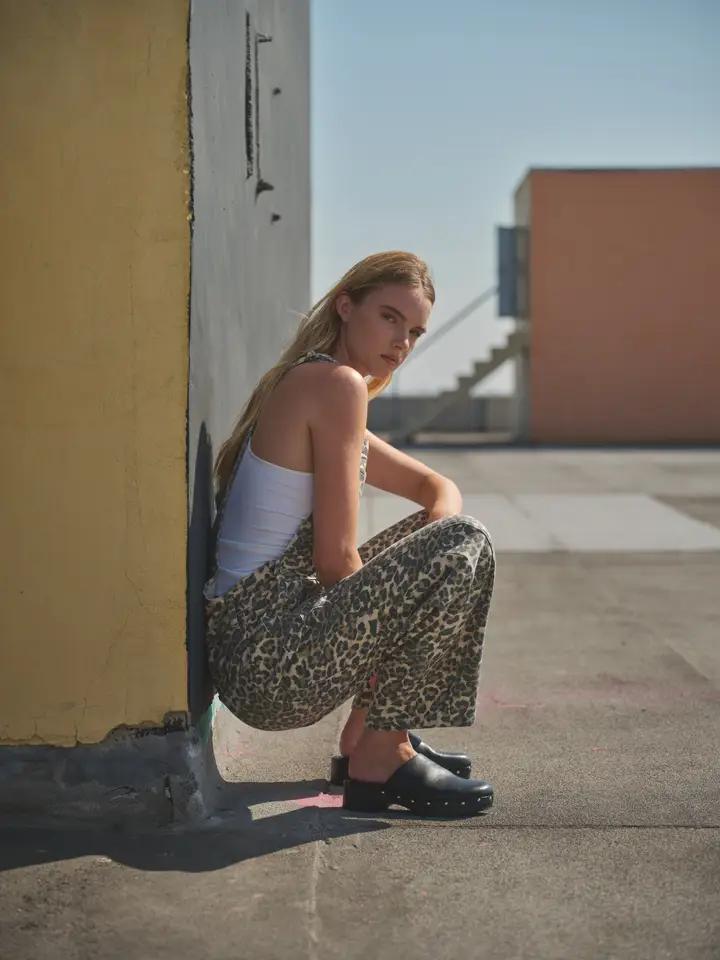 Leopard Print Slouchy Relax Fit Denim Overall