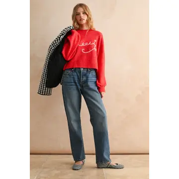 Merci Letter Patch Sweater Top - RED