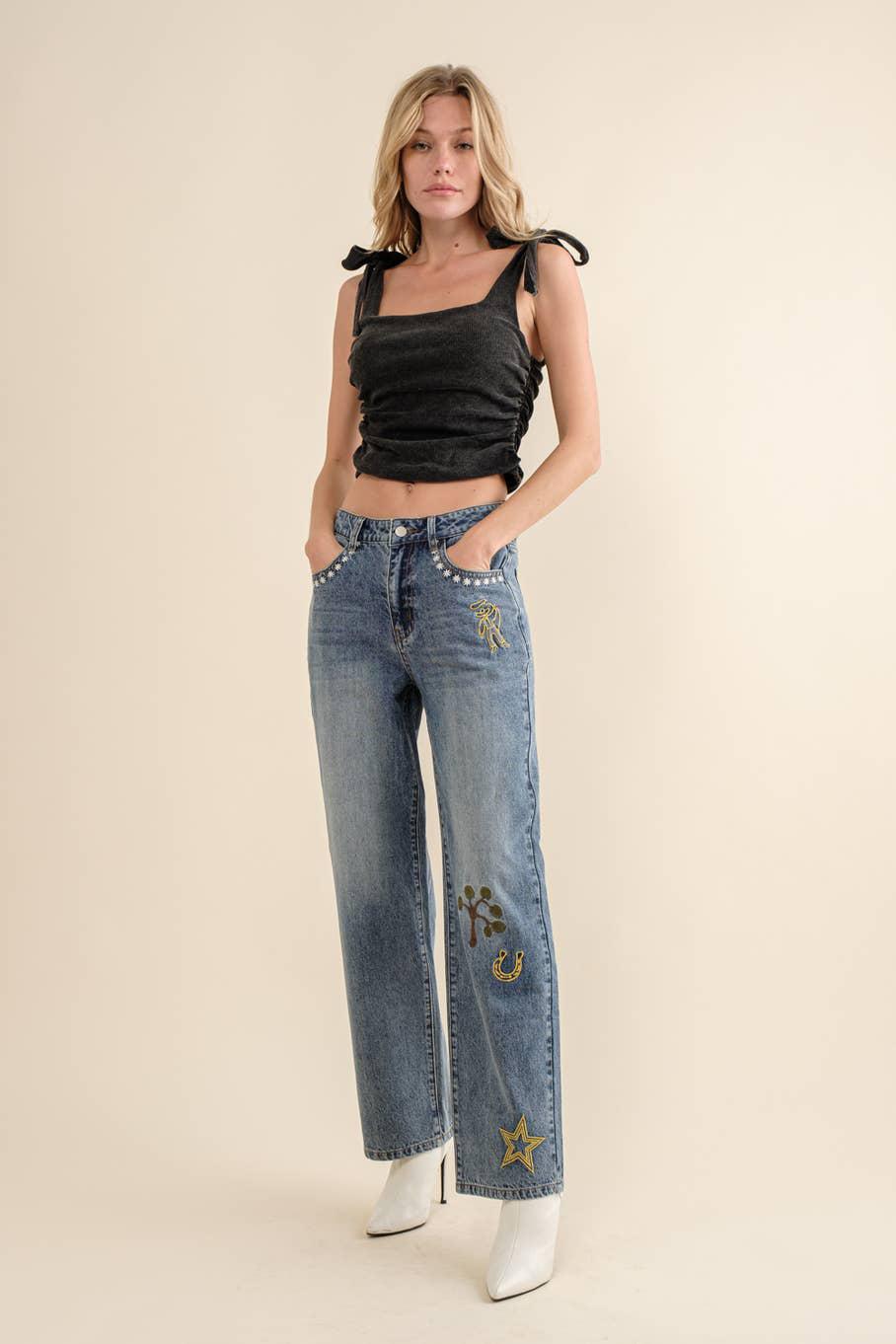 Straight Leg Embroidered Western Denim Jeans