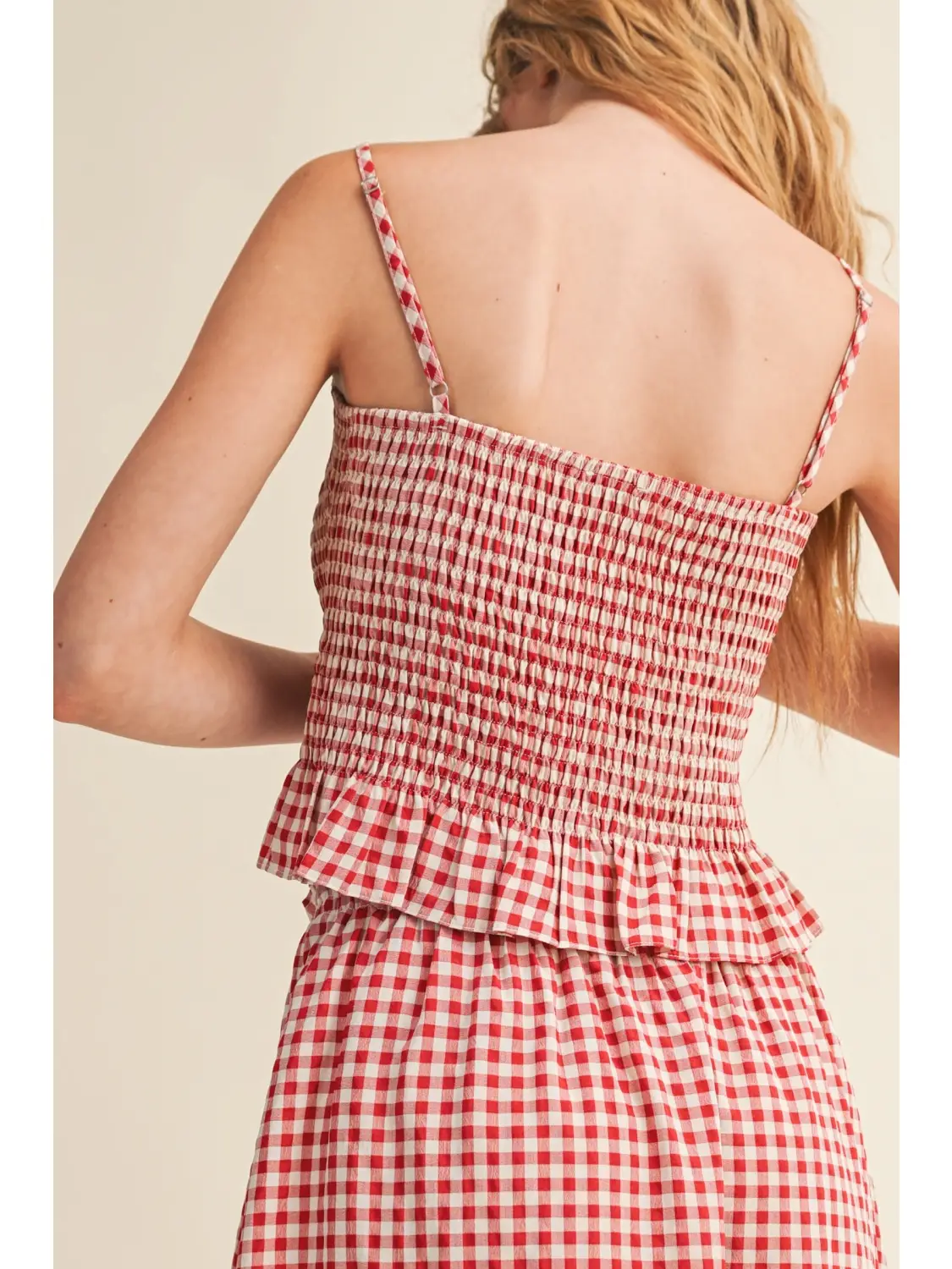 Gingham Pattern Button Front Smocking Top - RED
