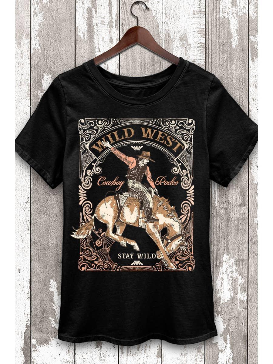 WILD WEST COWBOY RODEO SHORT SLEEVE GRAPHIC TEE - BLACK