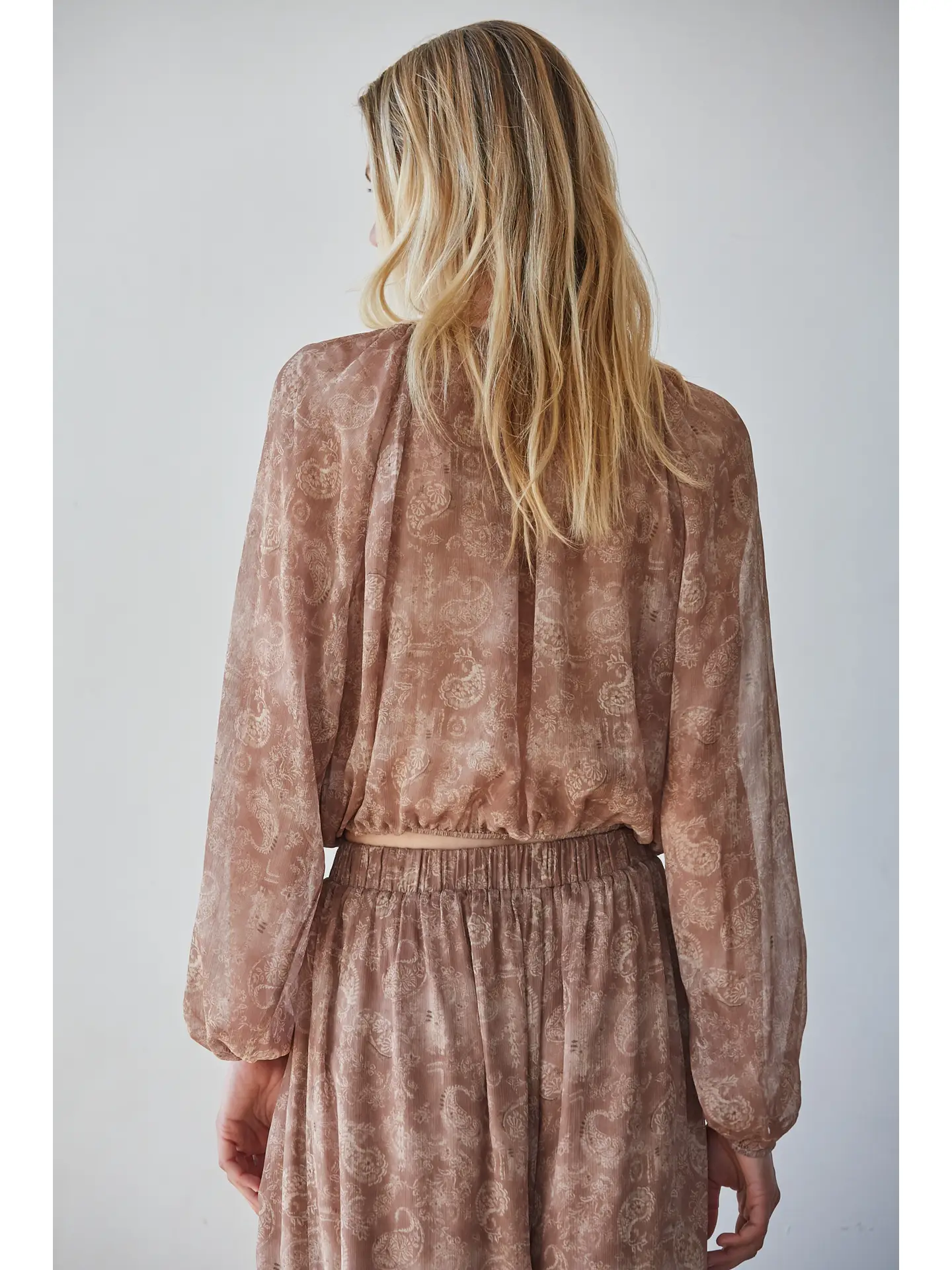 Woven Polyester Paisley Print Long Sleeve Top