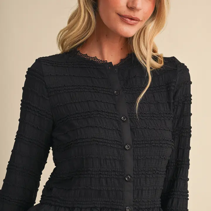 Shirred Button Down Top with Lace Trim - BLACK