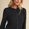 Shirred Button Down Top with Lace Trim - BLACK