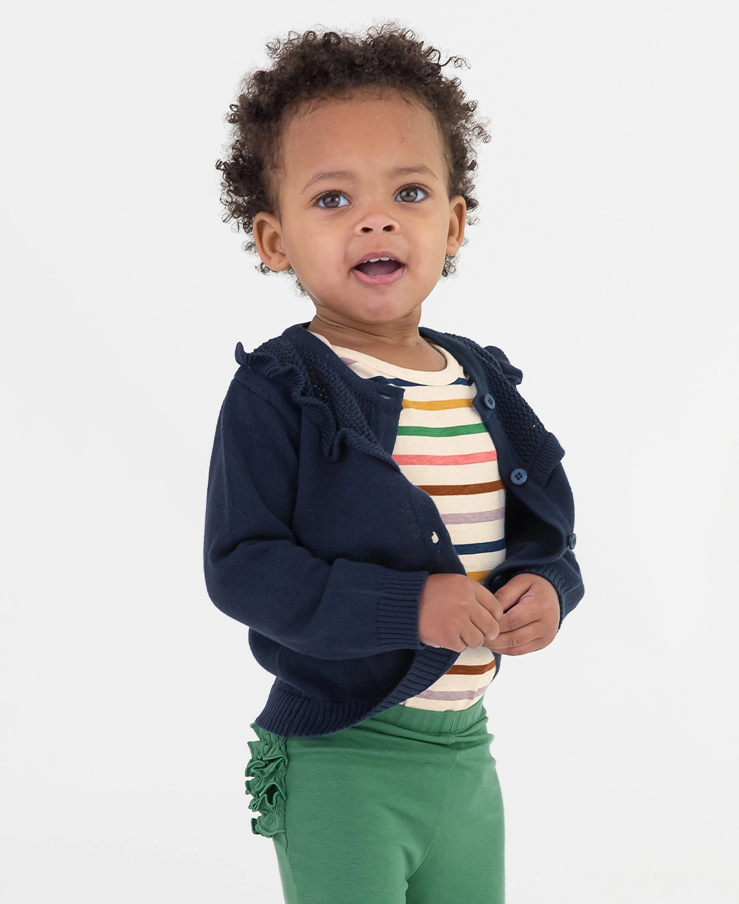 Girls Dark Navy Sweater Knit Ruffle Trim Cardigan - Navy Blue