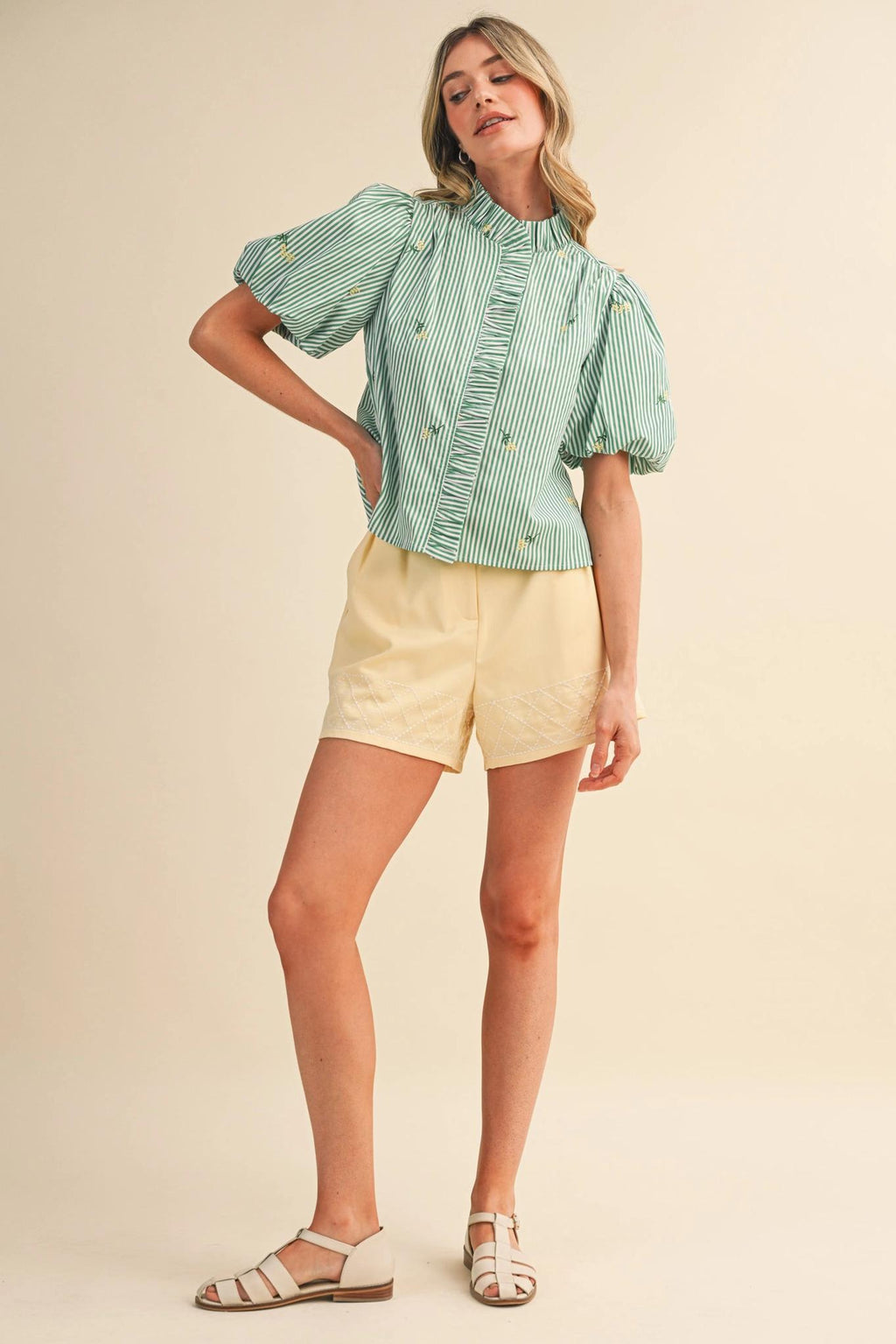 Floral Embroidery Striped Ruffled Button Down Top - Green Stripe