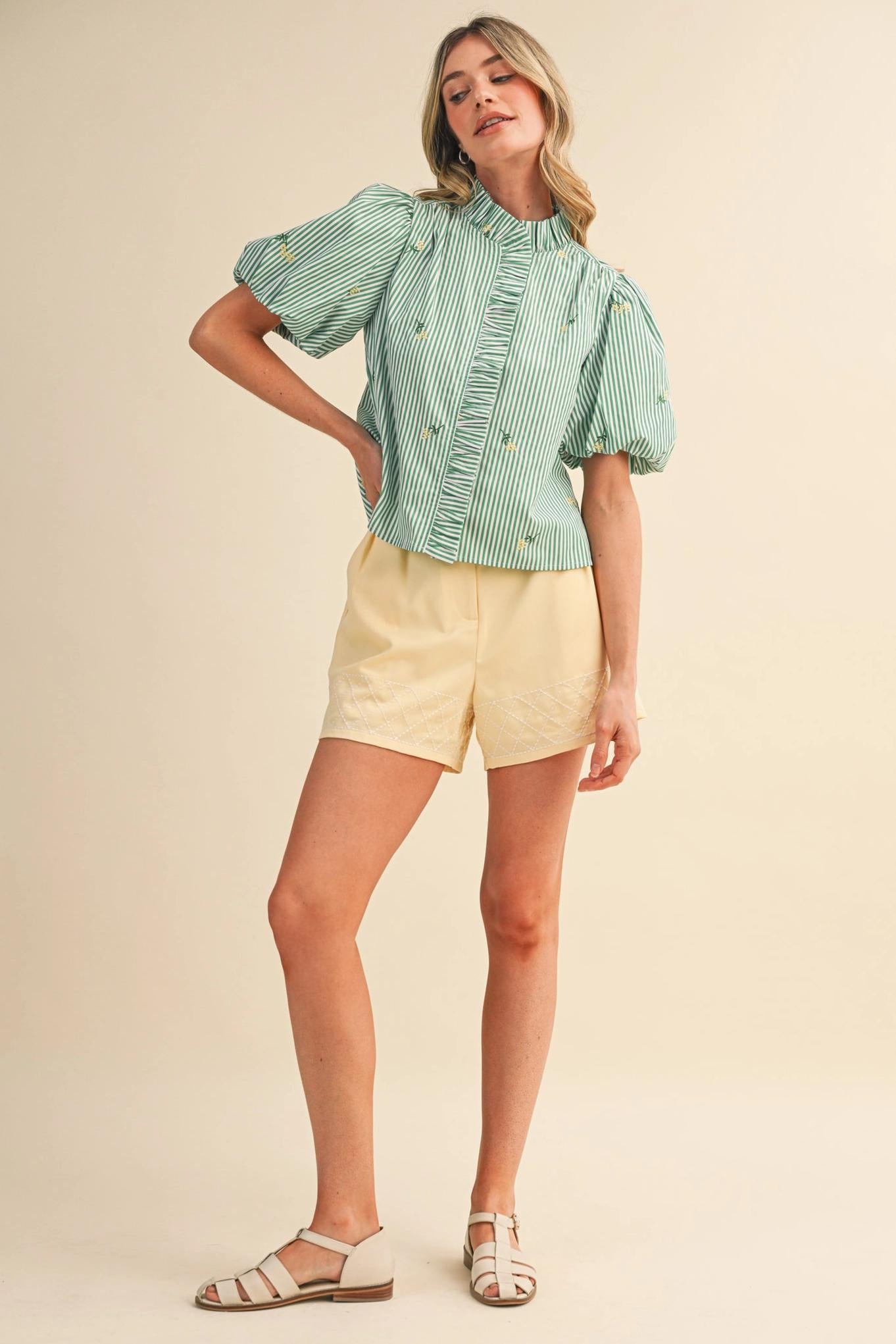 Floral Embroidery Striped Ruffled Button Down Top - Green Stripe