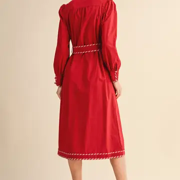 Striped Contrast Binding Detail Belted Midi Dress - RUBY RED