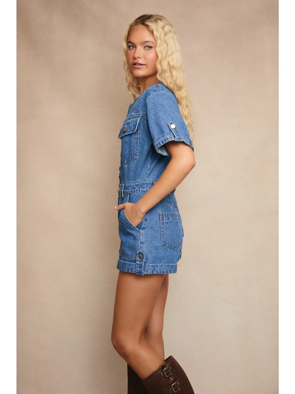 Shortalls with Washed Denim with Zip-Up Closure