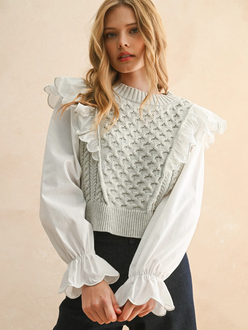 Ruffle Trimmed Long Sleeve Sweater Combo Blouse - Heather Grey