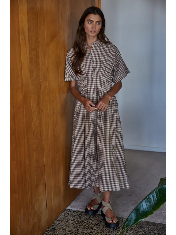 Woven Cotton Gingham Print Button Down Flare Maxi