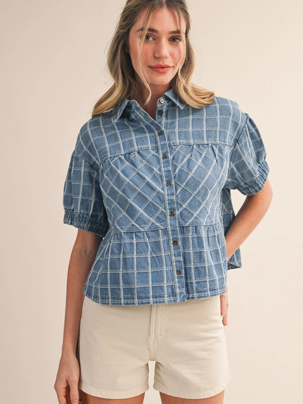 Checkered Denim Button Down Top