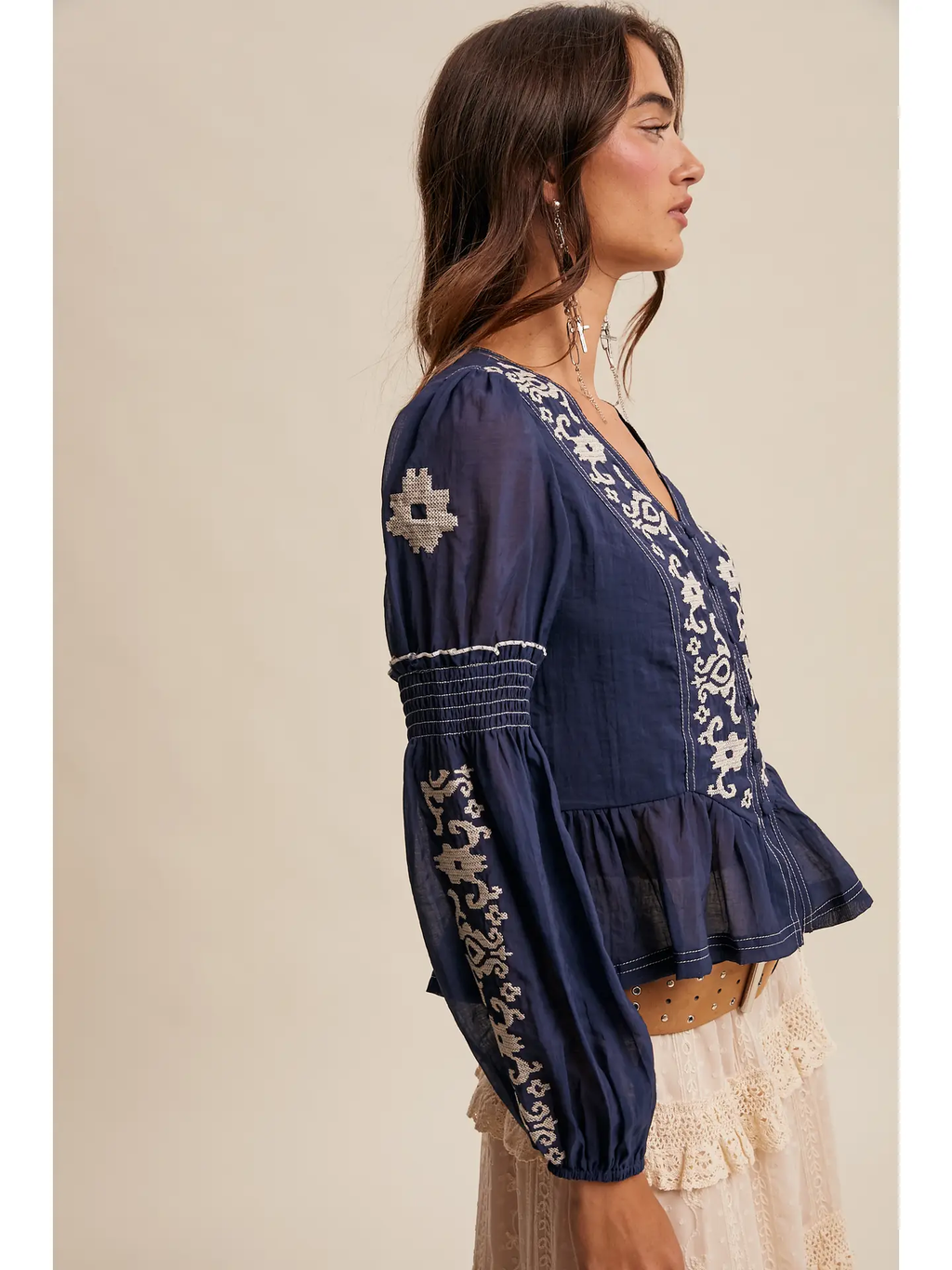 Embroidered Peplum Blouse - NAVY