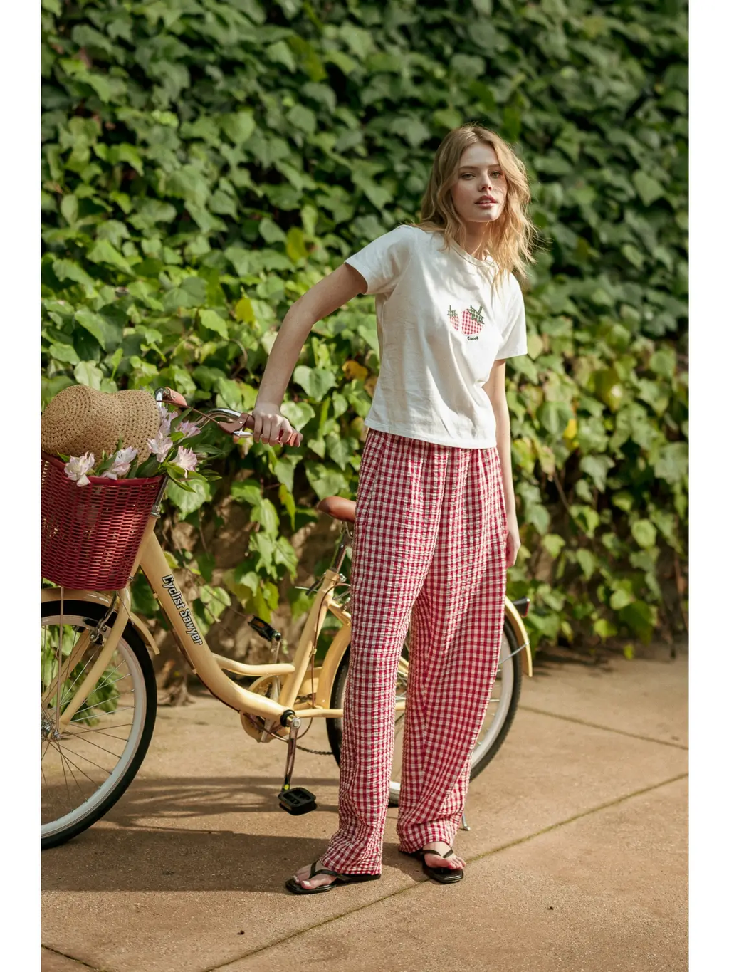 Gingham Pattern Elastic Band Waist Pants - RED & WHITE