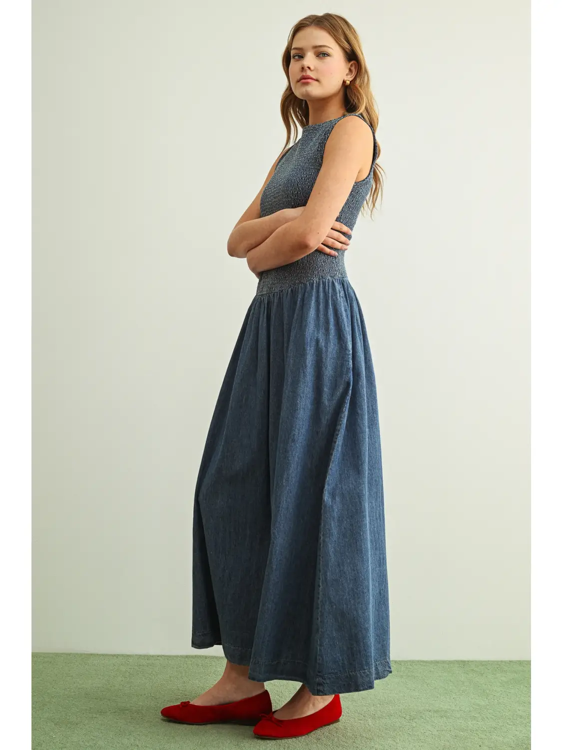 Smocked Top Sleeveless Denim Long Dress