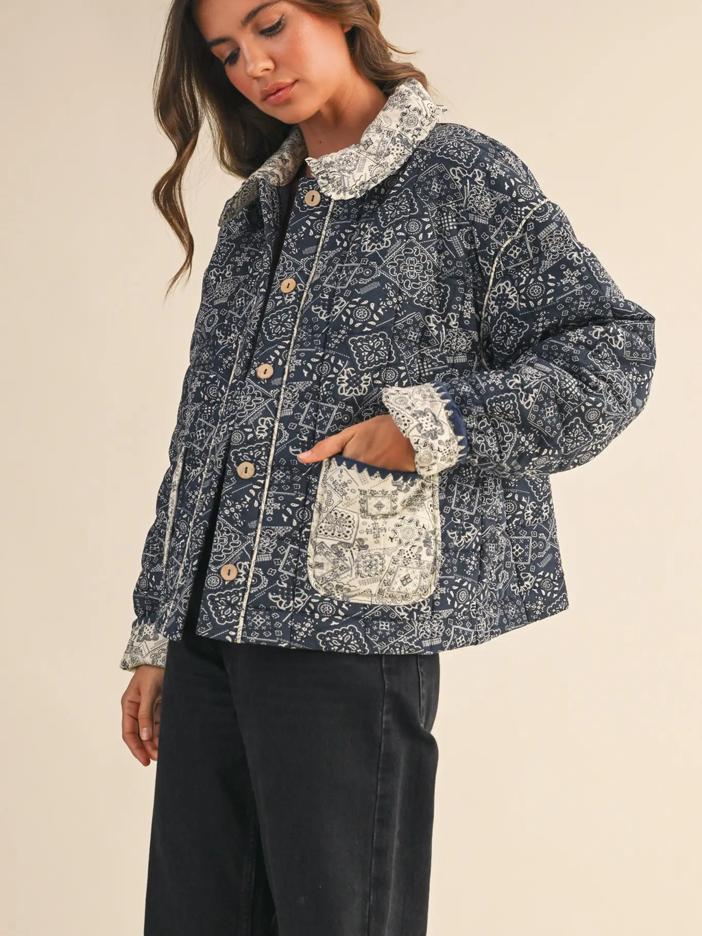 Quilted Bandana Print Jacket - Navy