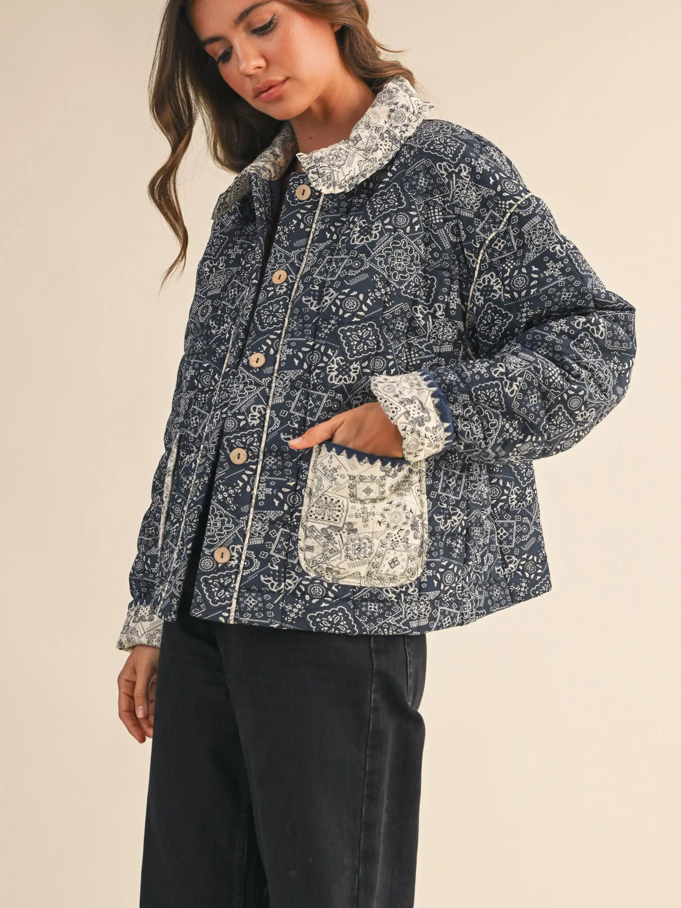 Quilted Bandana Print Jacket - Navy