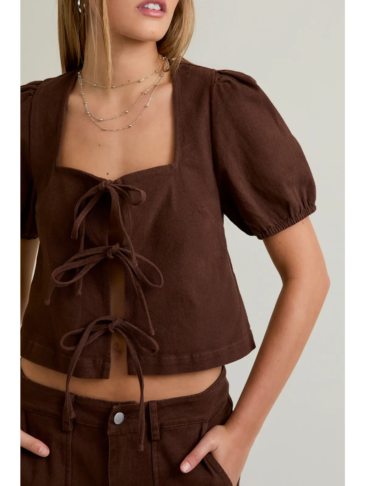 Short Sleeve Square Neck Tie Front Open Top