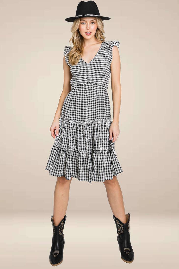 GINGHAM SMOCK DRESS EMBROIDERY - BLACK/WHITE