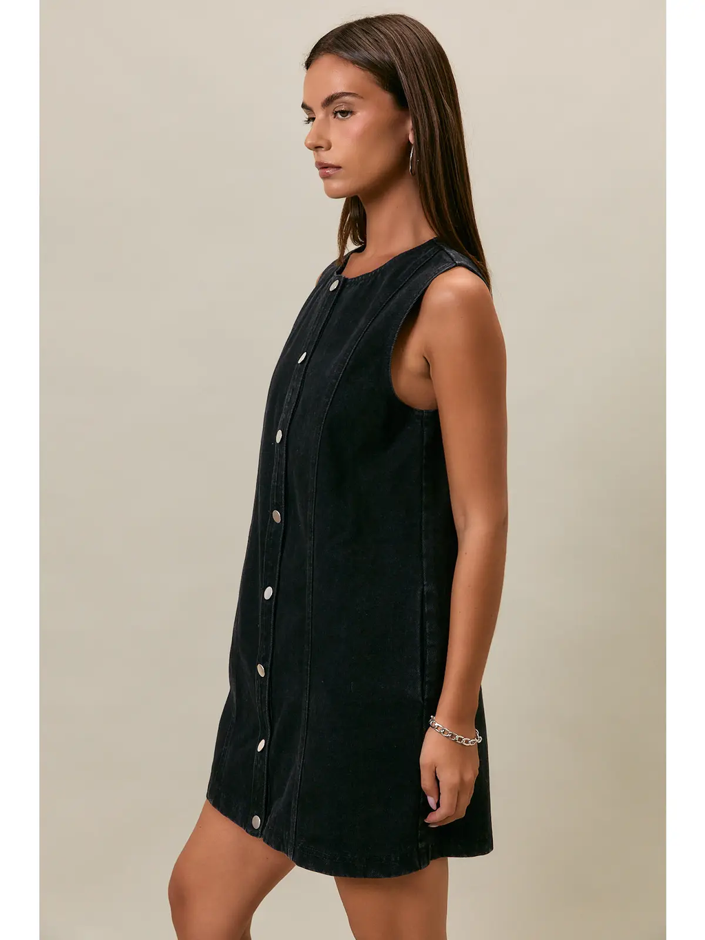 Sleeveless Round Neck Button Down Denim Mini Dress