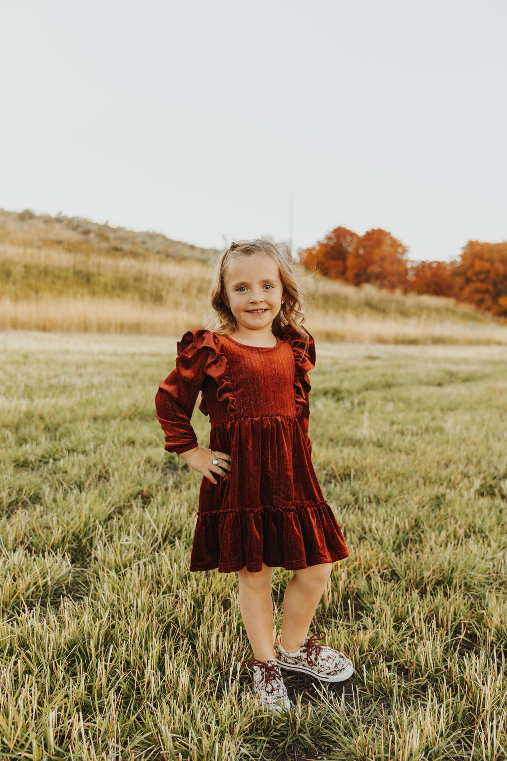 BURGUNDY VELVET RUFFLE GIRL DRESS