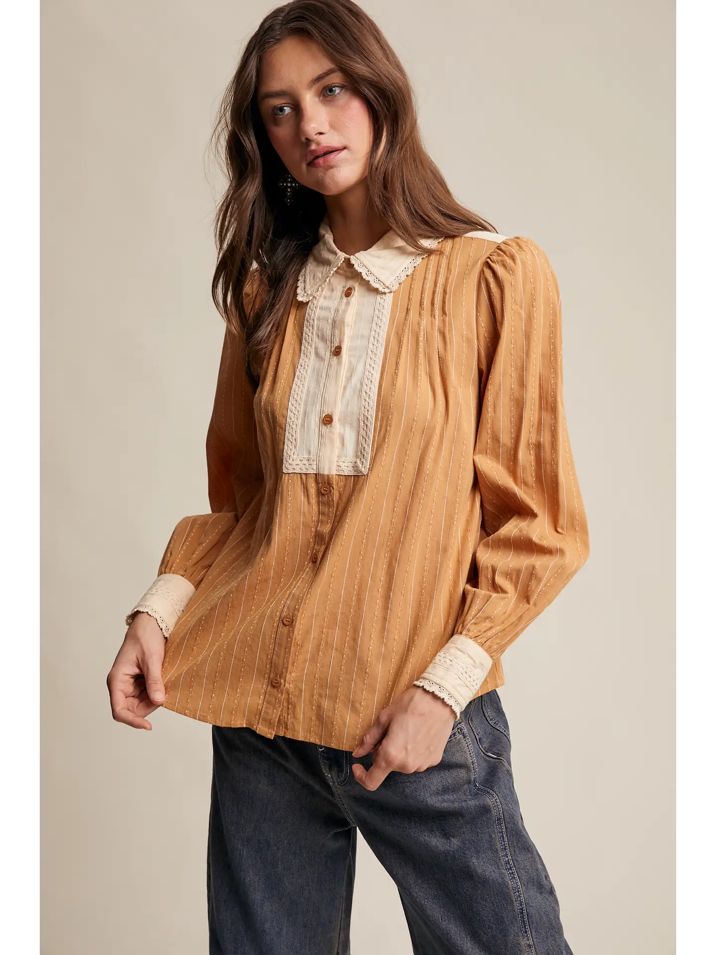 Victorian Contrast Lace Blouse - CLAY