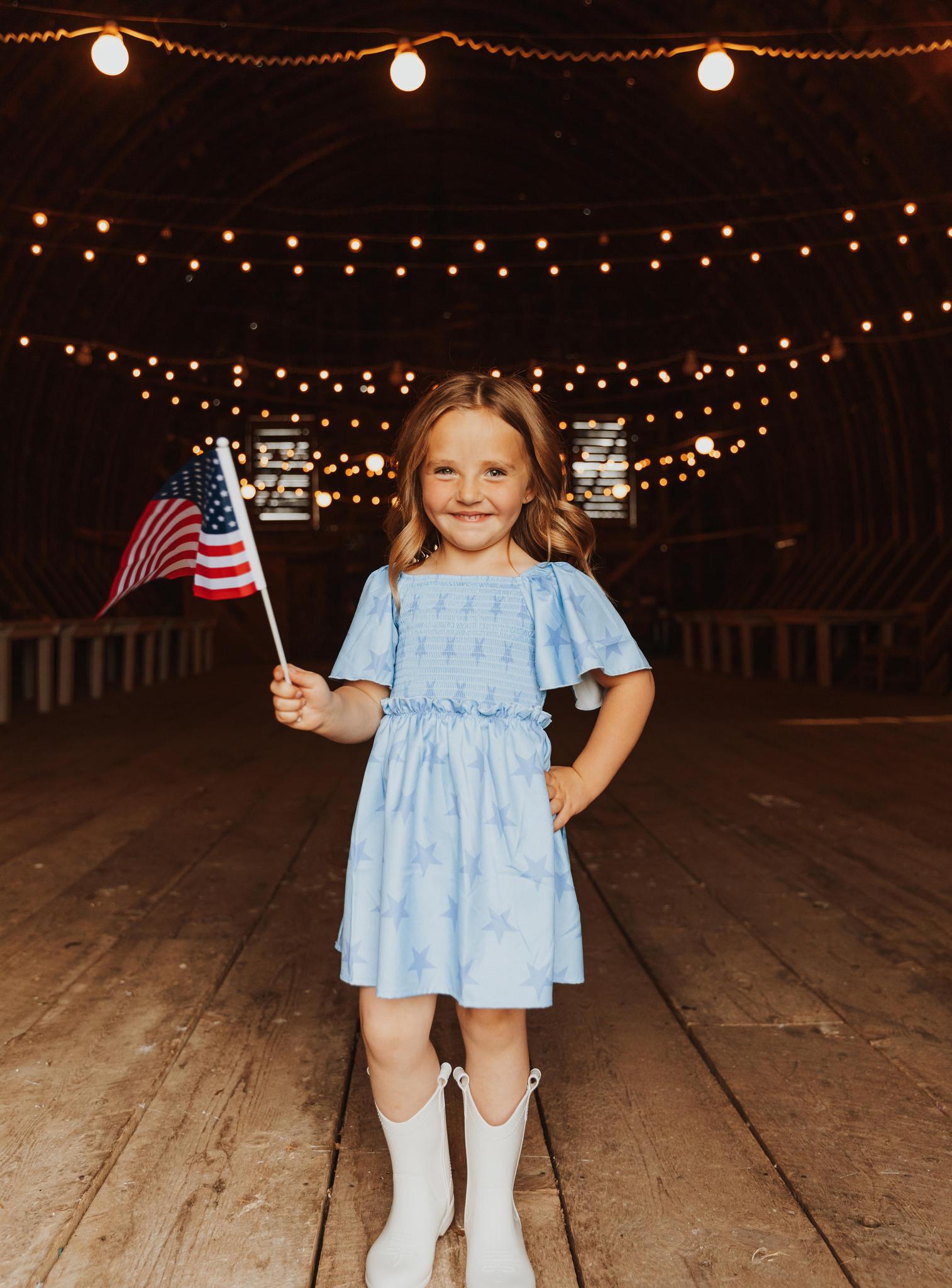 BLUE STAR SMOCKED RUFFLE GIRL DRESS