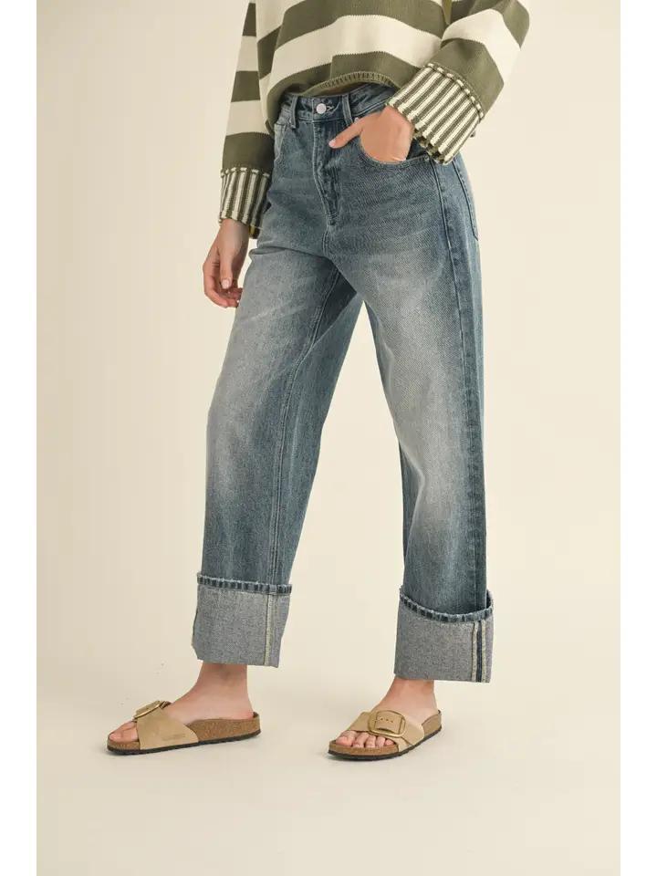 Straight Leg Cuffed Hem Denim Pants