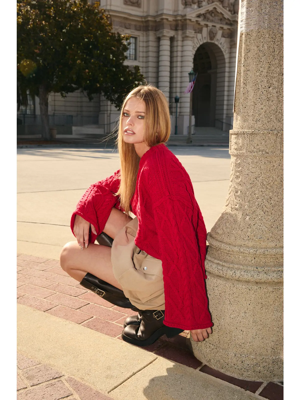 Oversized Cable Knit Sweater - Red