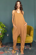 V-Neck Solid Ribbed Knit Jumpsuit - Camel